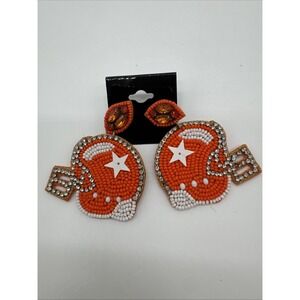 Football Helmet Seed Beaded Earrings With Rhinestones Bling Dangle
